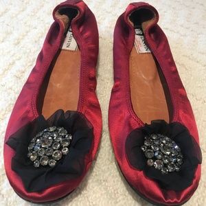 LANVIN Satin Ballet Flats with Jewels + Silk Rose